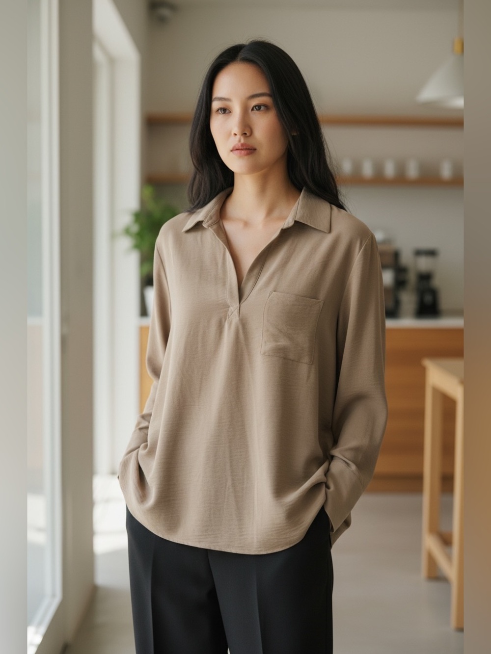 Pleione Taupe V-Neck Popover Blouse - Long Sleeve Tunic